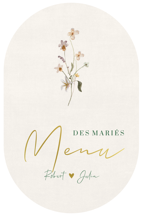 Carte de menu ovale avec des fleurs de champs aquarelles et dorures