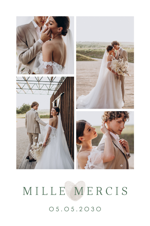 Carte de remerciement magnet collage photo et cœur d'empreintes