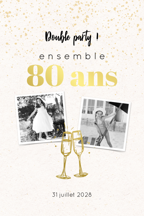 Carte d'invitation pour une double fête avec des verres à champagne