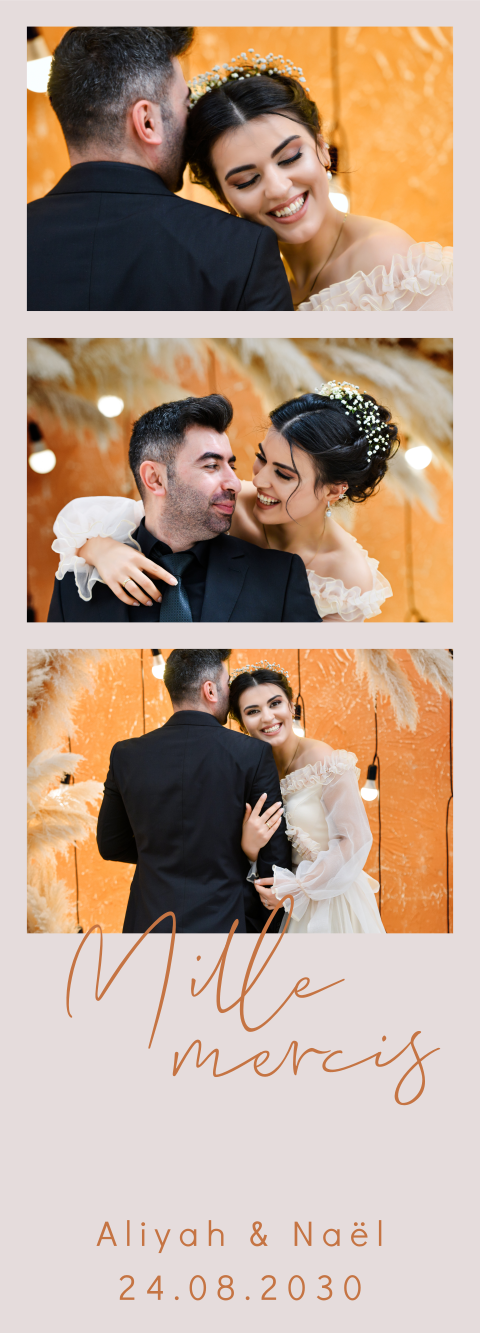 Marque-page remerciement magnet avec trois photos et écriture orange