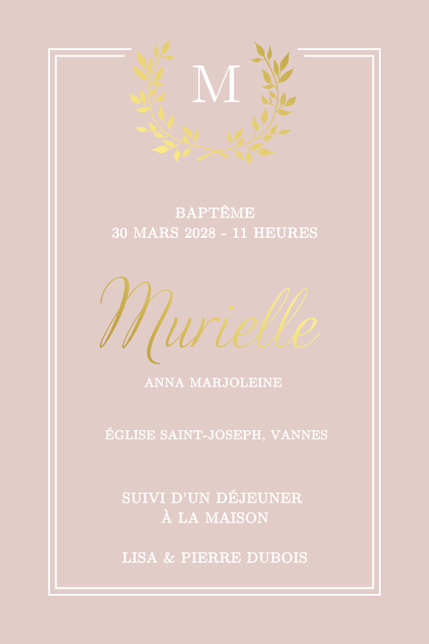 Faire-part de baptême élégant avec dorures et fond vieux rose