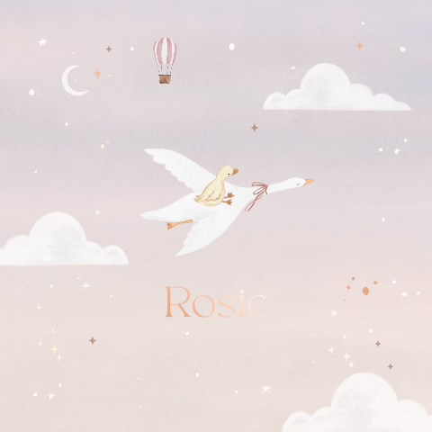 Faire-part de naissance avec caneton dans le ciel et dorure rosée