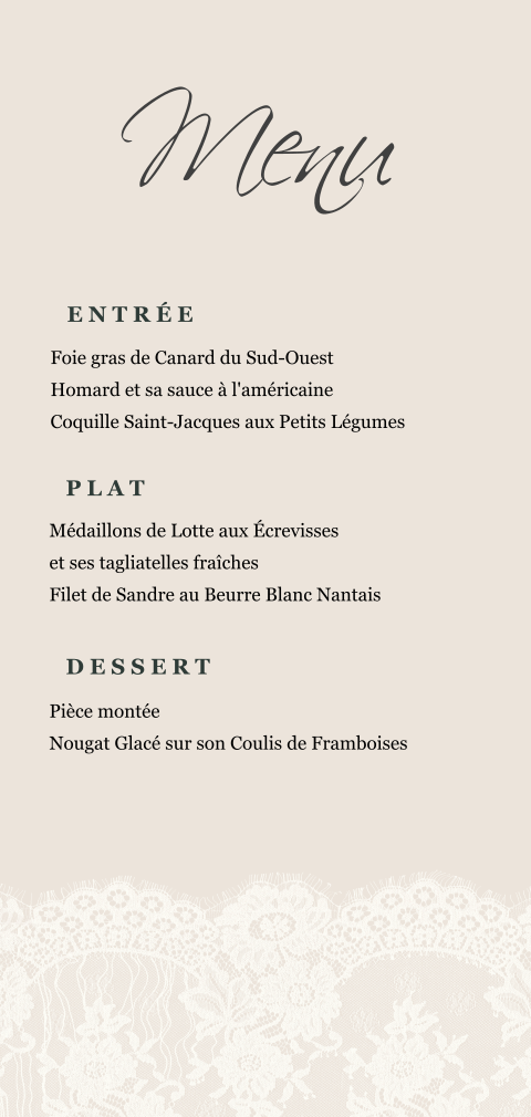 Menu élégant avec un fond beige et de la dentelle délicate