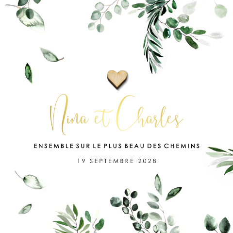 Faire-part avec feuilles d'eucalyptus | élement bois en option