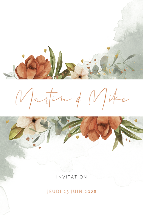 Faire-part de mariage avec des roses et des cœurs discrets