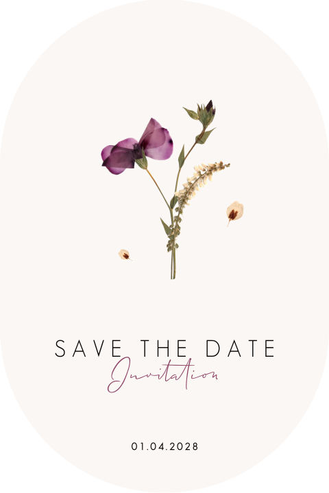 Save the date avec une forme ovale et des fleurs des près séchées