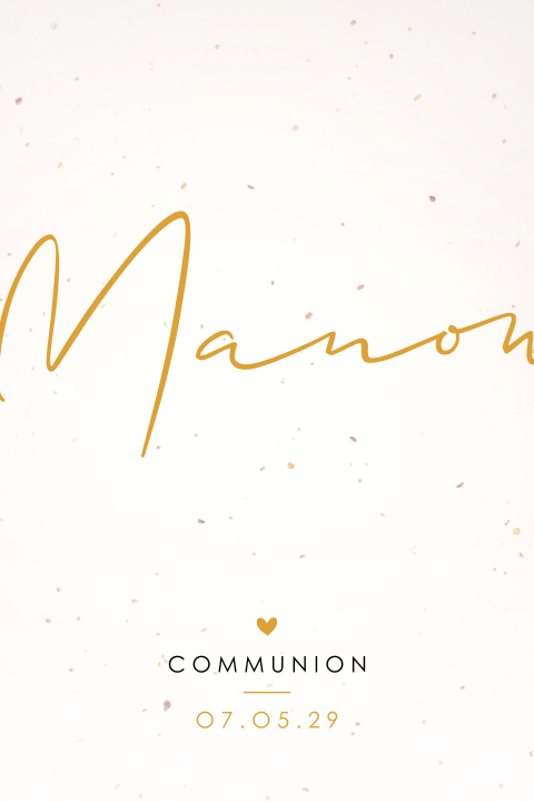 Faire-part communion avec fond tacheté et prénom écriture manuscrite