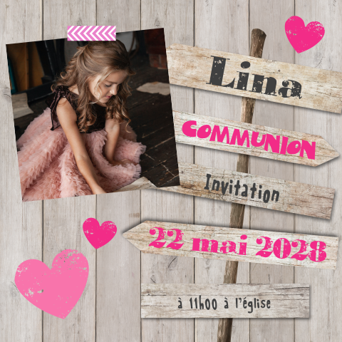 Faire-part de communion avec panneau indicateur et cœurs roses