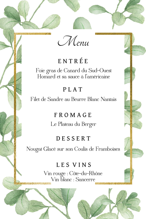 Carte de menu élégante avec feuillages
