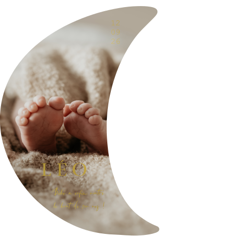 Faire-part de naissance original en forme de lune avec des dorures