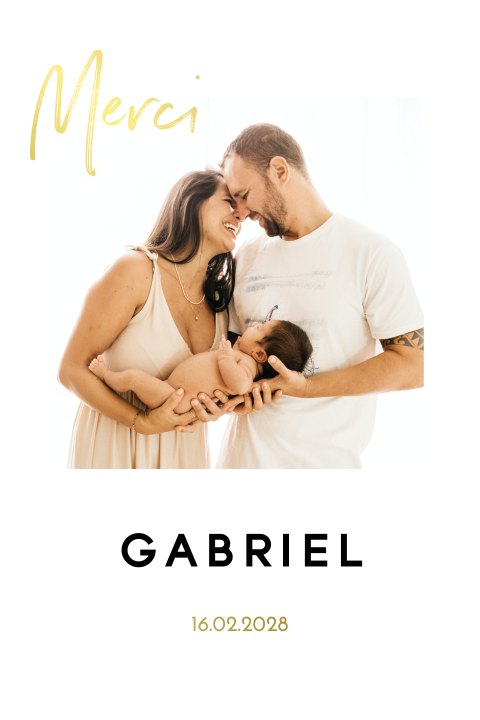 Carte de remerciement pour la naissance avec photo et dorure
