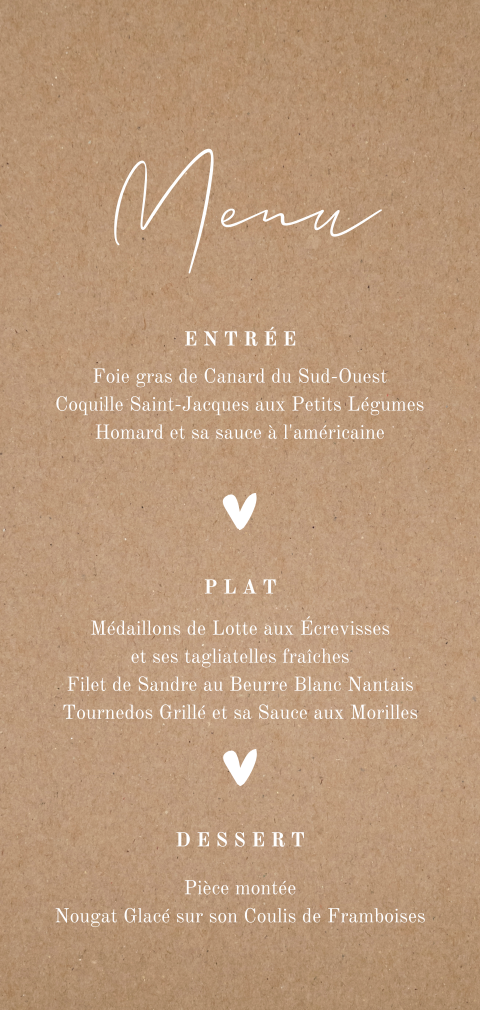 Menu avec un fond style kraft et des cœurs blancs