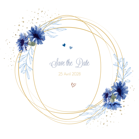 Save the date élégante avec motif géométrique et fleurs bleues