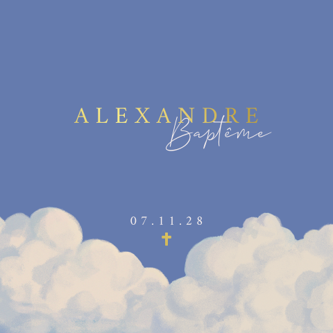 Faire-part de baptême avec nuages et prénom en dorure