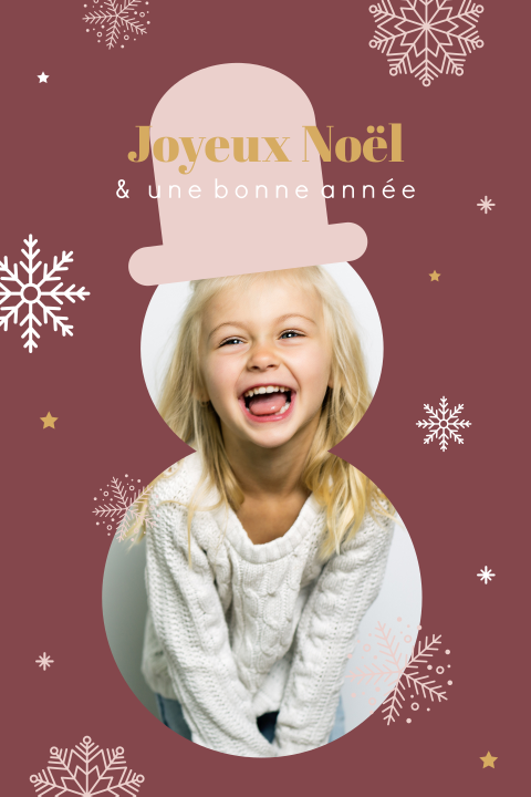 Carte de voeux avec photo, flocons et bonhomme de neige