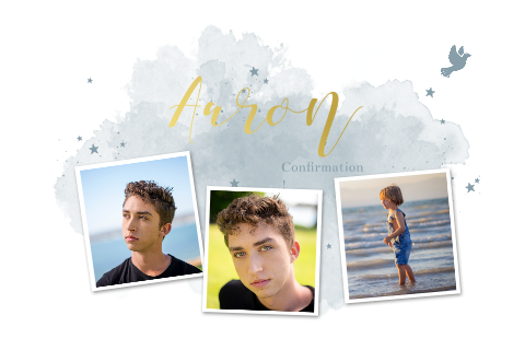 Faire-part de confirmation avec trois photos et des aquarelles