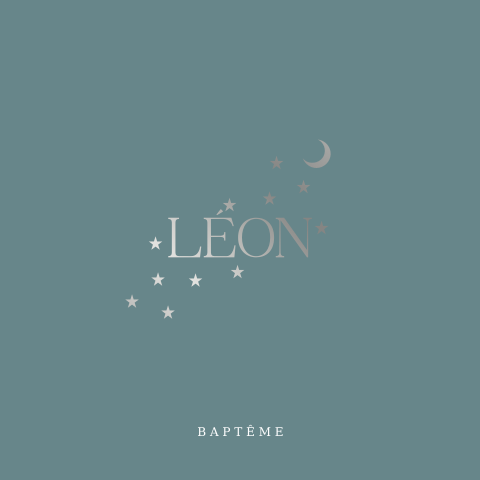 Faire-part de baptême fond vert-gris et écriture argentée