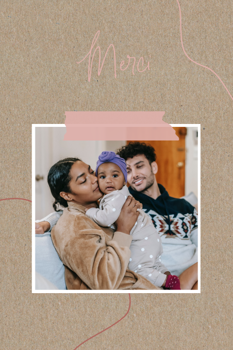 Carte de remerciement, aspect kraft avec des lignes roses et une photo