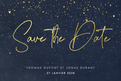 Save the date avec un cœur doré sur fond bleu foncé