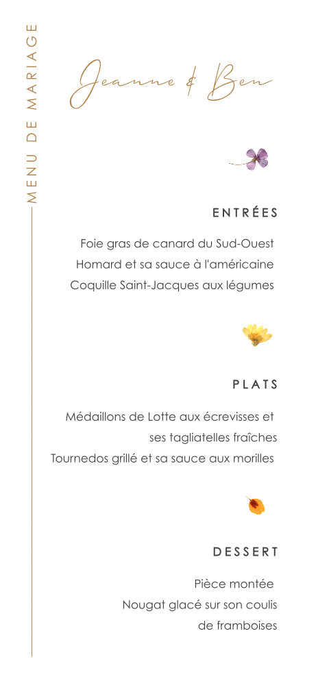 Menu de mariage "Conter Fleurette"