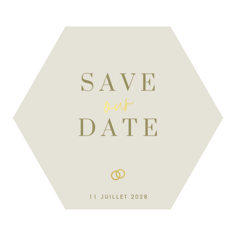 Save the date en forme d'hexagone avec des détails dorés