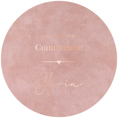Faire-part communion forme rond et fond rose, dorure rosée
