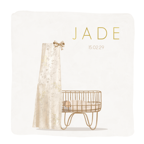 Faire-part de naissance doux avec berceau beige et dorures