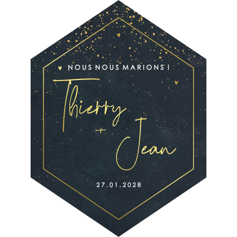 Faire-part hexagonal avec cœurs dorés sur fond bleu foncé