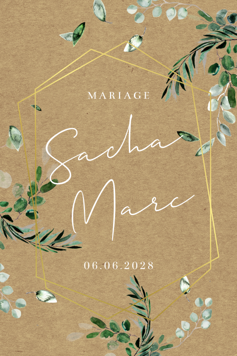 Faire-part de mariage avec eucalyptus et dorure sur aspect kraft