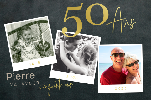 Invitation d'anniversaire avec des dorures et photos polaroïd