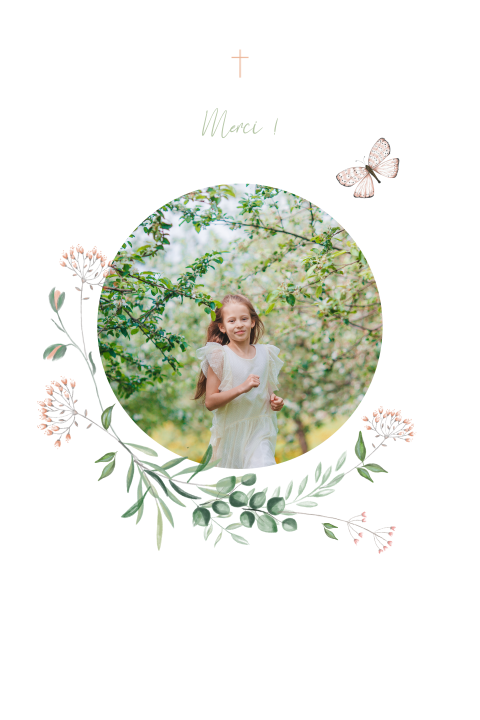 Carte remerciement communion avec photo, couronne fleurs et papillons