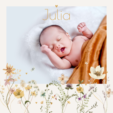 Faire-part de naissance avec photo en fleurs des champs colores