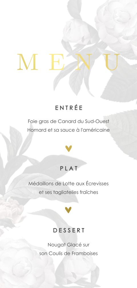 Menu avec un fond floral et des ornements dorés