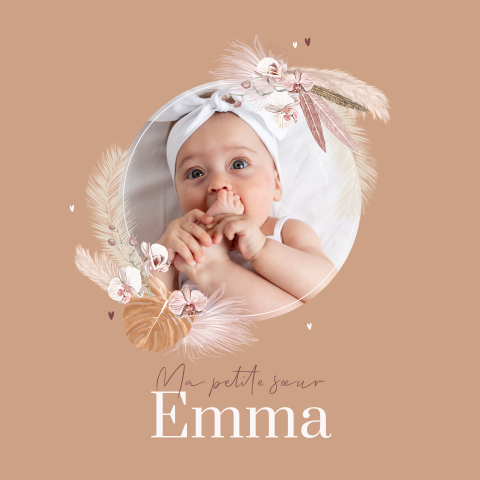 Faire-part de naissance fille bohème avec photo et plumes