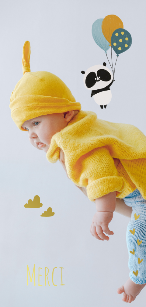 Carte de remerciement avec une photo de bébé, ballons et panda