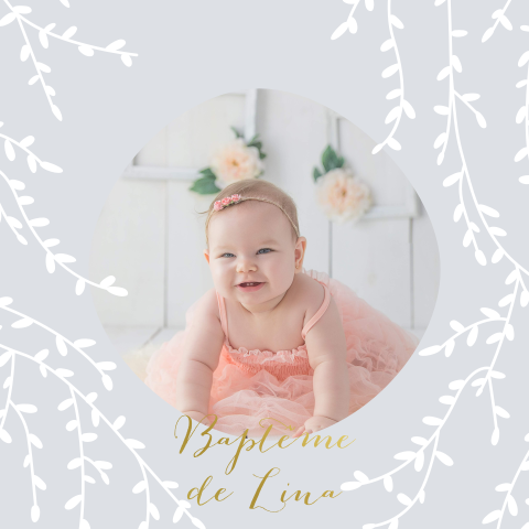 Faire-part de baptême avec photo en rond, branches et dorure