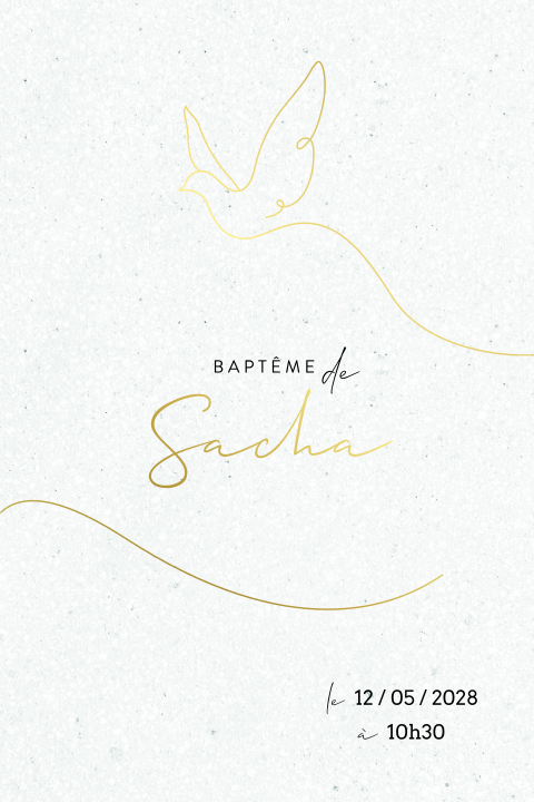 Faire-part de baptême avec colombe sur fond texturé et dorure