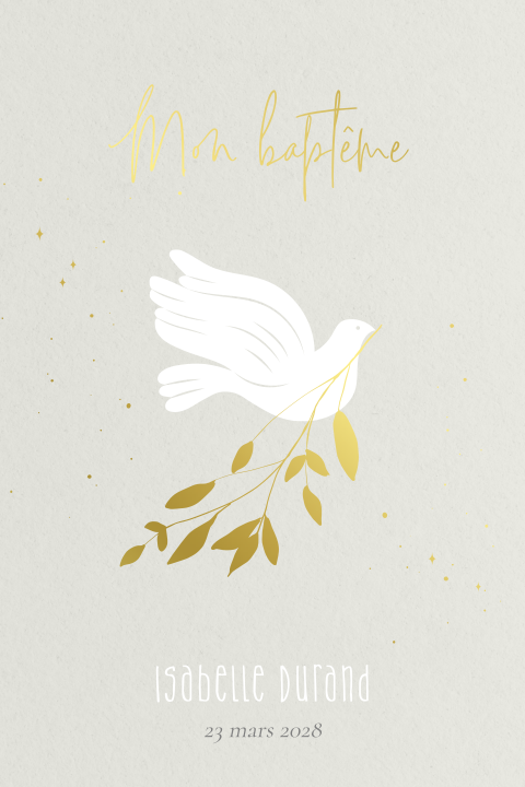 Faire-part de baptême avec une colombe et éléments en dorure