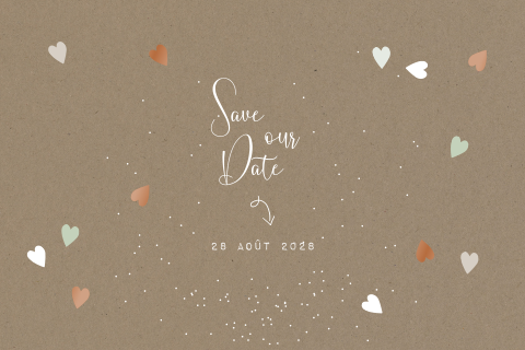 Save the date avec une pluie de coeurs en vert, blanc et vernis orangé