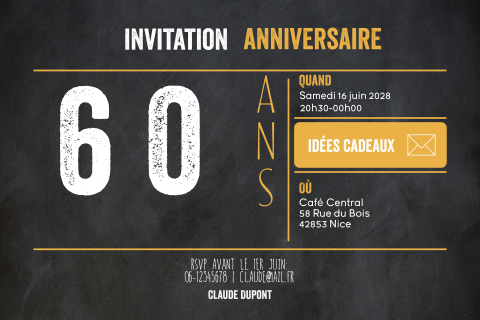 Carte d'invitation moderne pour les 60 ans sur fond de tableau noir