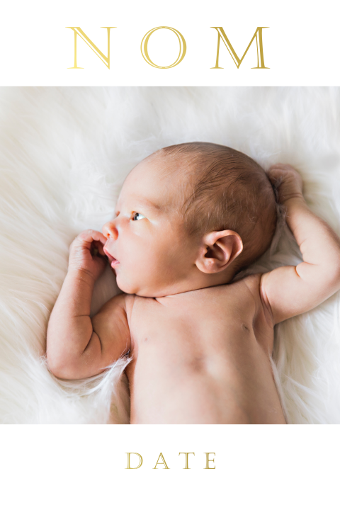 Faire-part de naissance avec une grande photo et texte en dorure