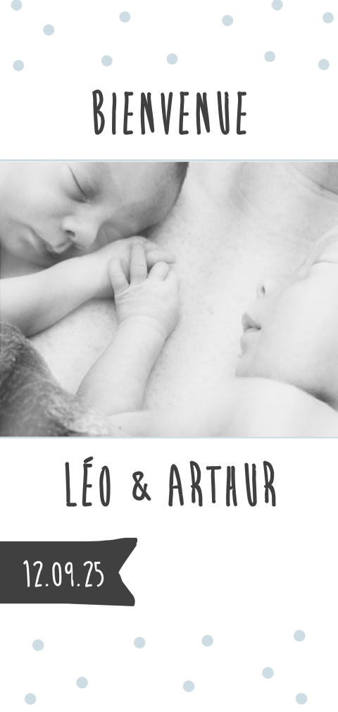 Faire-part de naissance jumeaux, photo et motif à pois bleu ciel
