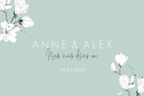 Faire-part de mariage bleu clair avec des fleurs de magnolia