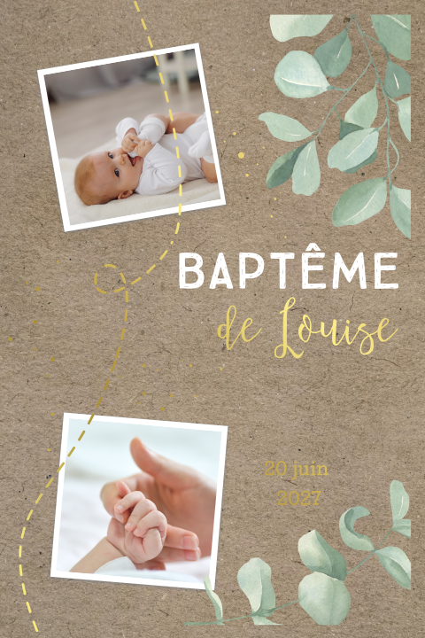Faire-part de baptême avec photos, eucalyptus sur fond kraft