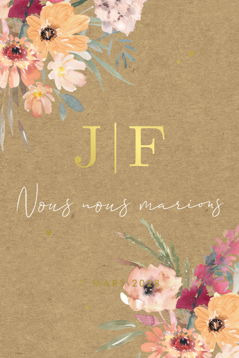 Faire-part avec des fleurs et des cœurs