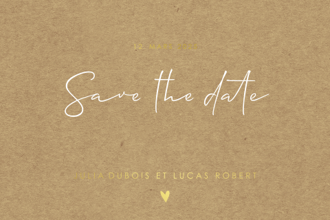 Save the date avec un cœur doré,  aspect papier kraft.