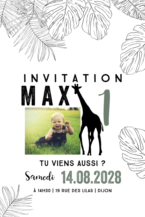 Carte d'invitation cool avec une giraffe, photo et des feuilles