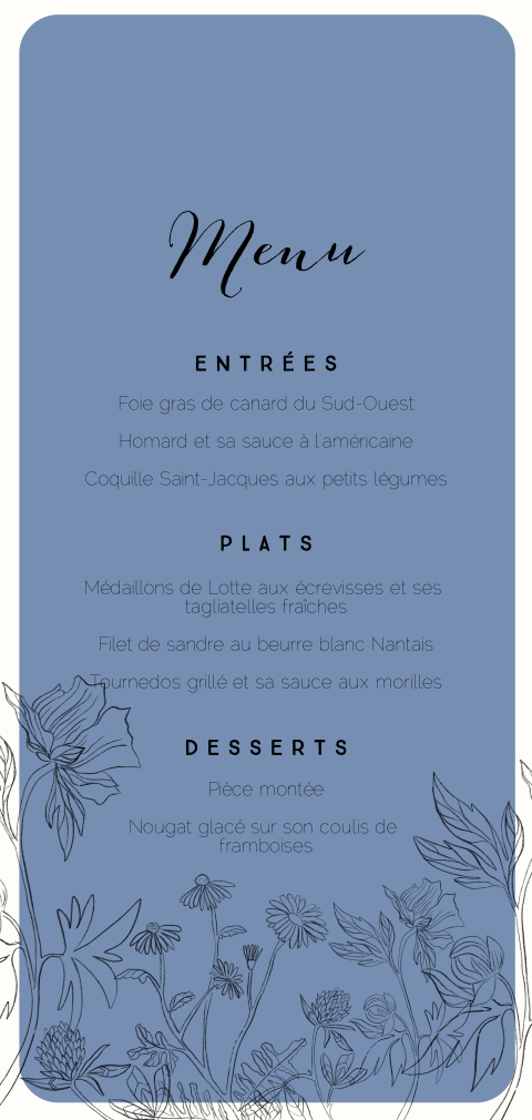 Carte de menu avec un fond bleu et des fleurs