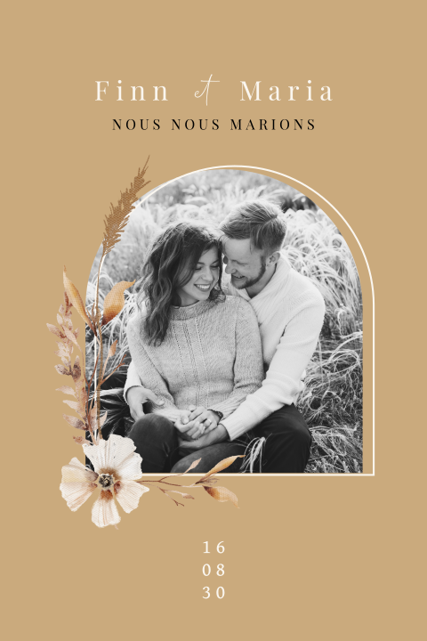 Faire-part de mariage en ton jaune avec photo et violettes