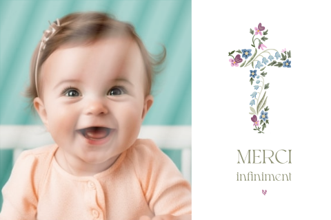 Carte de remerciement de baptême avec photo et croix fleuri